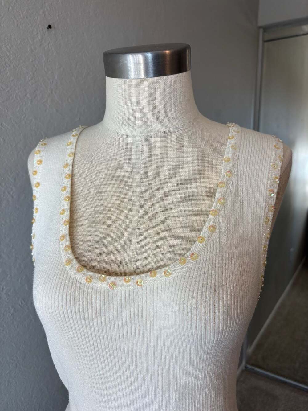 Vintage Blue White Ribbed Sequin Beaded Trim Tank Top Size M